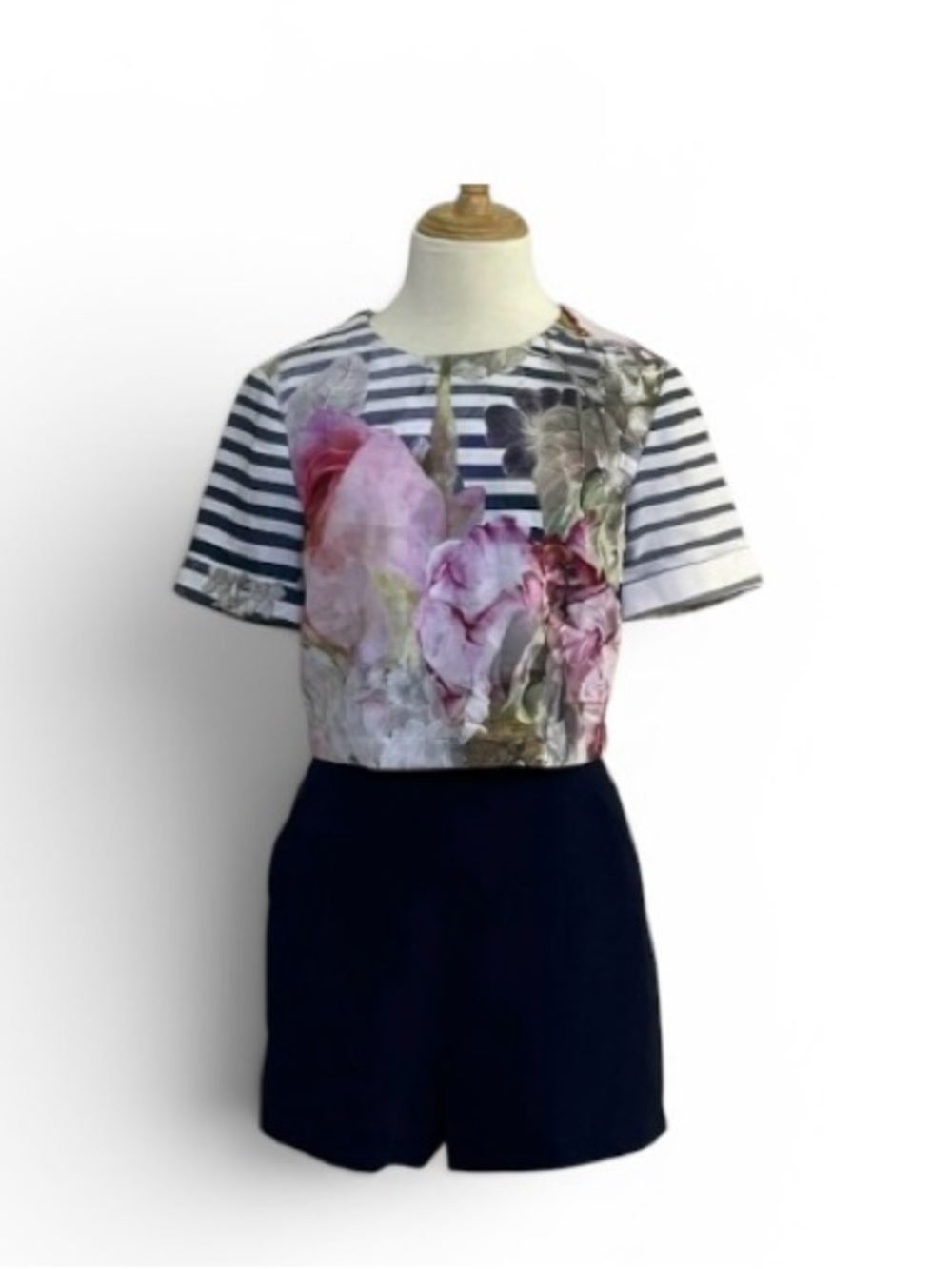 Ted Baker Romper. Floral striped top  attached to navy shorts